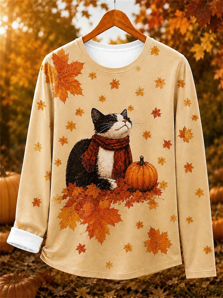 Women's New Long-Sleeve T-Shirt for Autumn 2026 Cute Cat Maple Leaf Print Loose Fit Simple Comfortable Loungewear Top