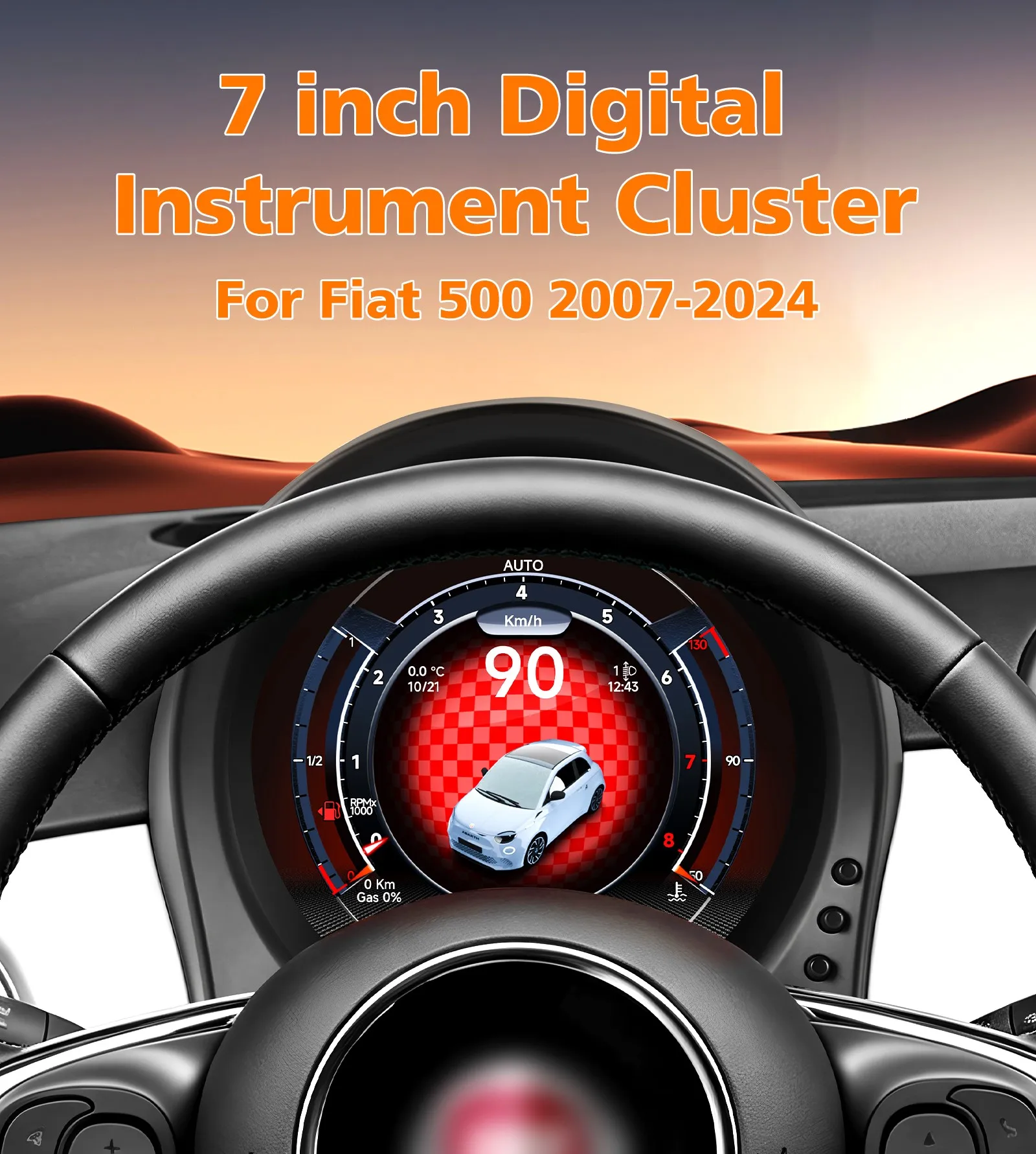 Digitales Armaturenbrett für Fiat 500 2007-2024 mit Carplay, Auto-LCD-Panel, Tachometer, Kombiinstrument, Cockpit-Display, Fahrzeuganzeige, Virtuelles Cockpit