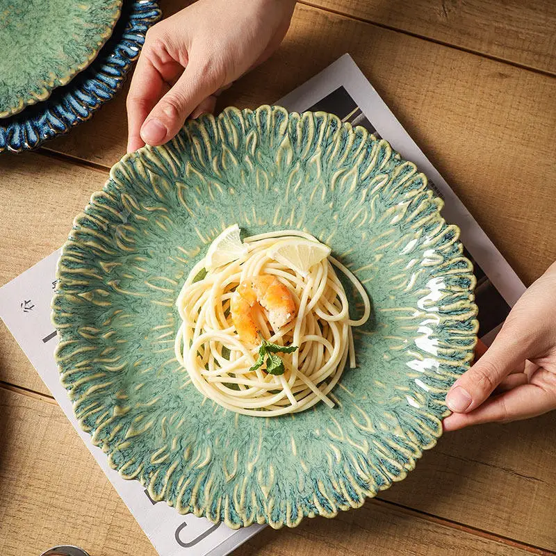 1PC Japanese Retro High Grade Ceramic Plate Creative Kiln Change Lace Shallow Dish Household Western Pasta Tableware