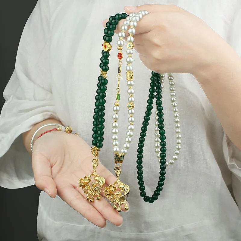

DIY accessories New Chinese retro koi play lotus beaded necklace women's horse dress Hanfu cheongsam sweater chain antique acces