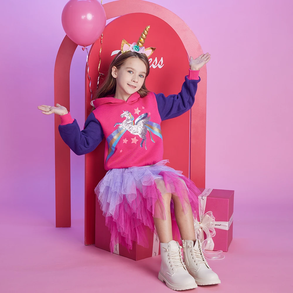 DXTON Girls Hooded Sweatshirts Thick Children Winter Clothes Rainbow Kids Hoodie Sport T-shirts Toddler Unicorn Tops Outerwear