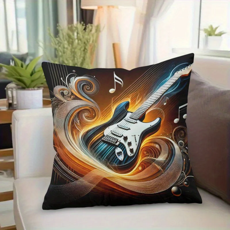 Pillowcase 1pc, Electric Guitar Melody, Printed Holiday Theme Cushion Cover with Hidden Zipper, Suitable for Sofa, Living Room,
