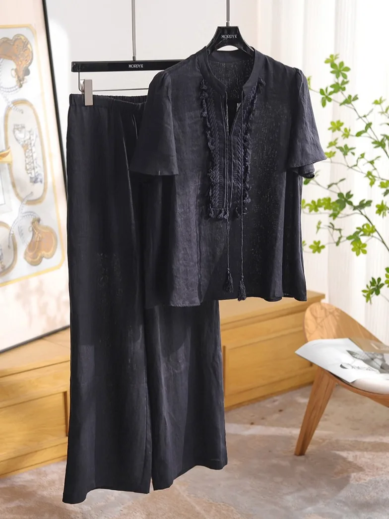 

High-End Vacation Style 100% Linen Money-Saving Bell-Bottomed Belted Draped Top Bottoms Set Two-Piece Set Women's Fashion