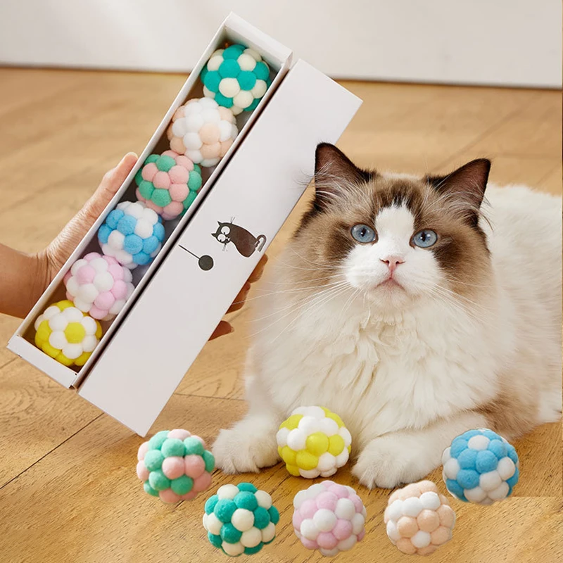 

3/6 Pcs Colorful Elastic Plush Cat Toy Ball Handmade Relieve Boredom Interactive Hunting Cat Teasing Ball with Bell Pet Toy Gift