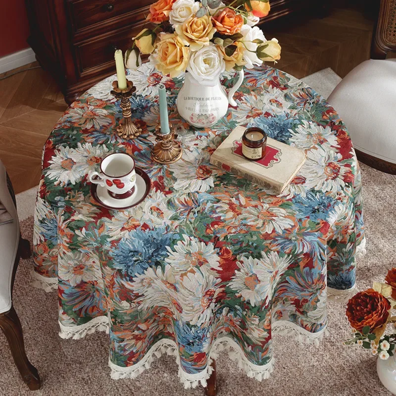 American Vintage Jacquard Round Tablecloth Flower Pattern Yarn-Dyed Cross Tassel Table Decoration Cloth Tablecloths Decor Home