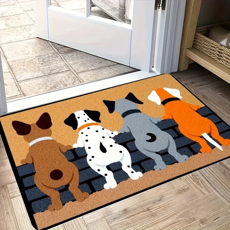 Cute Dog Back View Brick Wall Flannel Doormat, Playful Pet Lover Design Anti-Slip Absorbent Rug for Front Door & Kitchen,