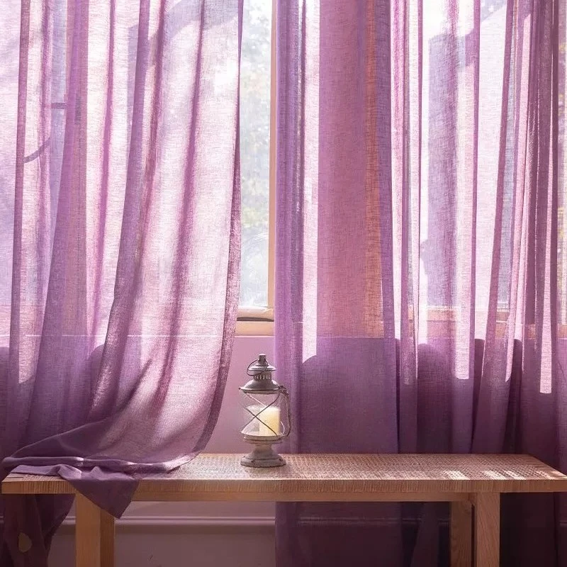 Lilac Purple Linen Gauze Curtains for Balcony Living Room Study Bay Window Customized Partition Curtain Finished Product