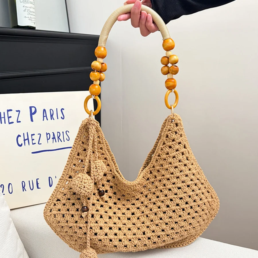 

Cotton Weaving Solid Color Summer Hollow Out Shoulder Bag New Niche Design Casual Versatile Commute Youth Beach Vacation Handbag