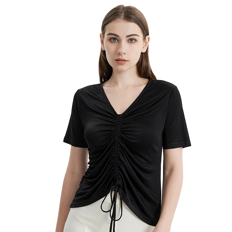 Summer Women Chic 100% Silk T Shirt for Women Top Drawstring Clothes  YAMI0042 M L XL 2XL 3XL