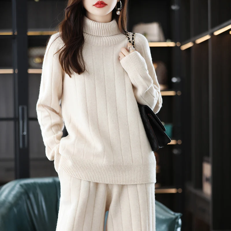 Cashmere Suit For Women In Autumn And Winter Turtle Neck Wide-Leg Pants Loose Fashion Two-Piece Wool Sweater Straight Size