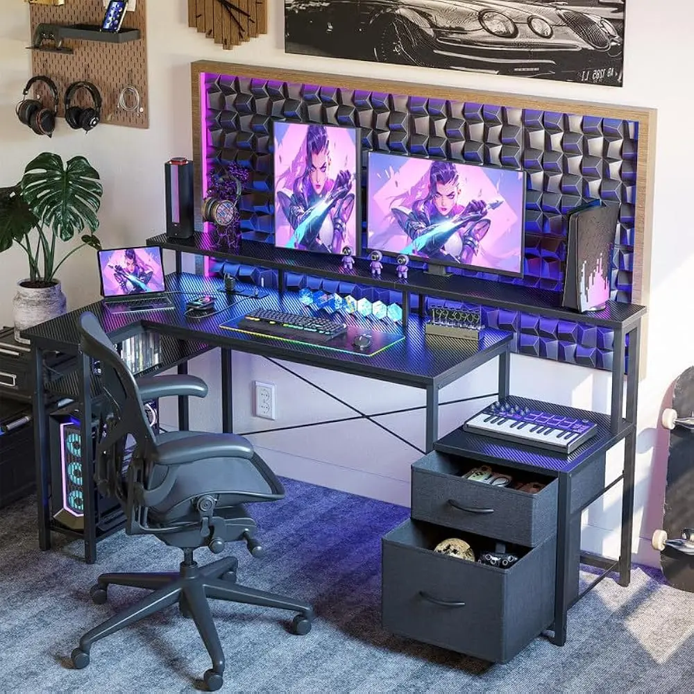 Computer Desk L Shaped With Drawers, 65” Gaming Desk With Power Outlets And Led Strips, Large L Shaped Corner Desk With Monitor