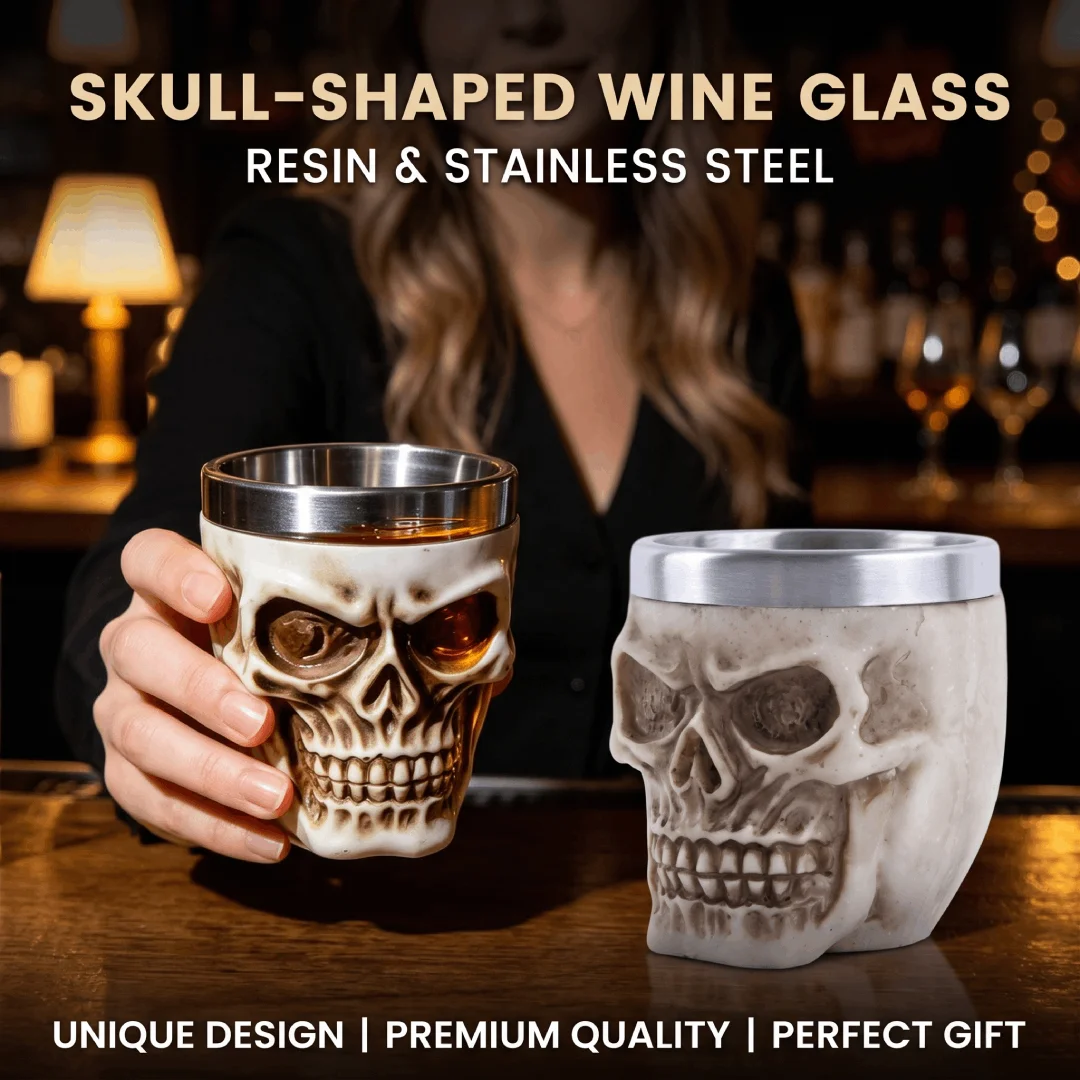 Gothic Skeleton Cranium Handleless Ale Glass Coffee Mug Sturdy Base Premium Quality Home Bar Tabletop Decor Display Collectible