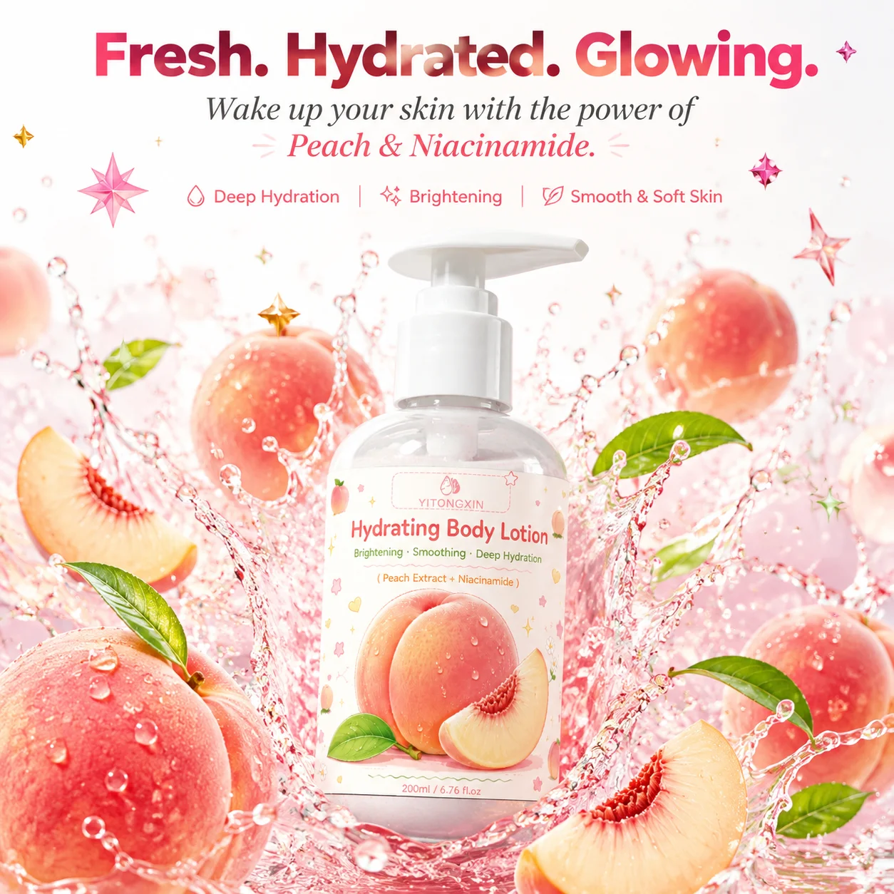 Moisturizing Body Lotion Peach Extract & Niacinamide. Softens Rough Skin, Brightens & Evens Tone. Daily After-Shower Use. 200ml