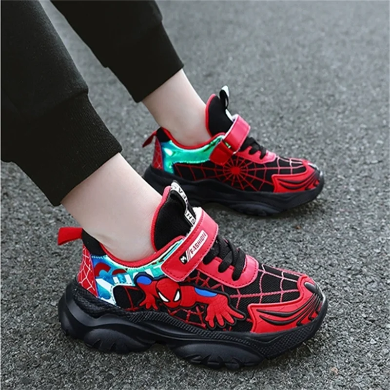 Disney LED Casual Sneakers Red Black For Spring Boys Spiderman Mesh Outdoor Shoes Children Lighted Non-slip Shoes Size 27-37