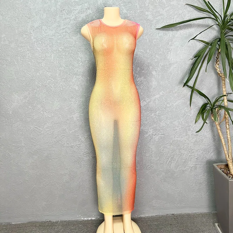 Vestido maxi fino sexy sem mangas para mulheres, vestido longo, diamante de perfuração quente, multicolorido, novo, 2023