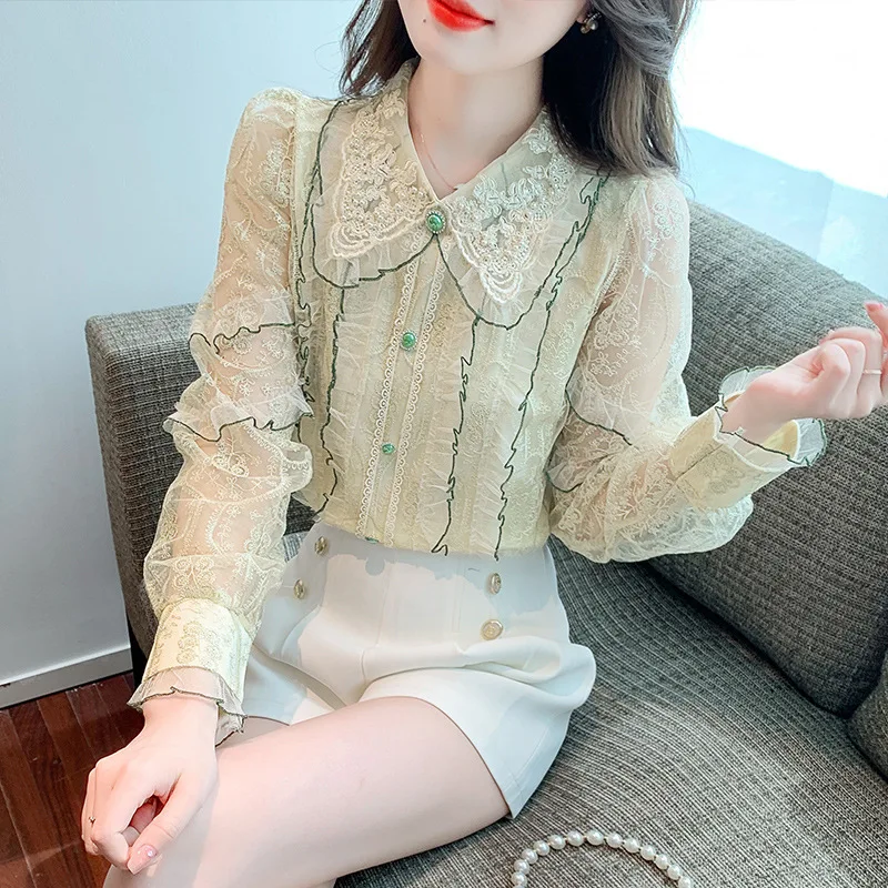 #2597 Vintage Chiffon Womens Tops And Blouses Perspective Long Sleeve Split Joint Ruffles Ladies Blouses France Style Spring