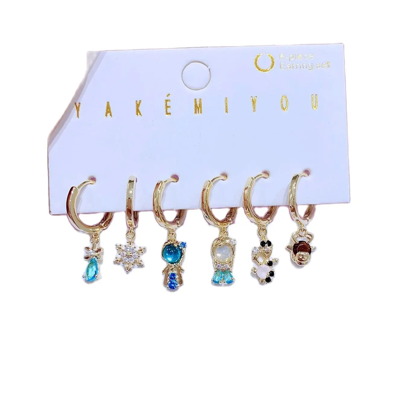 MIGGA 6pcs Fairy Tales Frozen Princess Dangle Earrings Set Gold Plated Huggie Earrings Women Jewelry