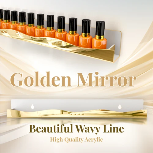 Imagen 2 del producto Paquete de 6 estantes de pared para esmalte de uñas acrílico con espejo dorado: capacidad para 48-66 botellas, decoración elegante y moderna que ahorra espacio
