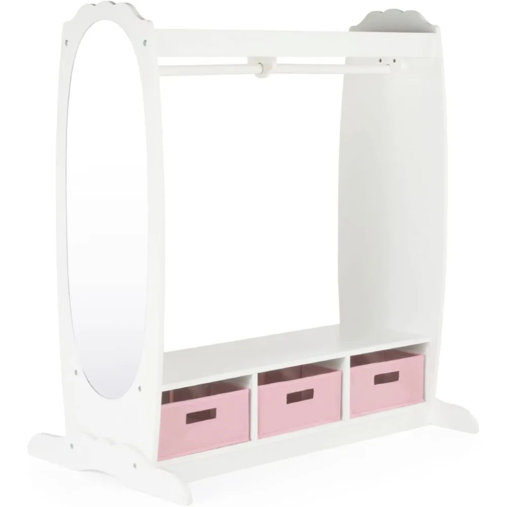 

2024 New Dramatic Play Costume Rack with Mirror and Tray for Toddlers - Kids Armoire, Dresser with Fabric Storage Bins