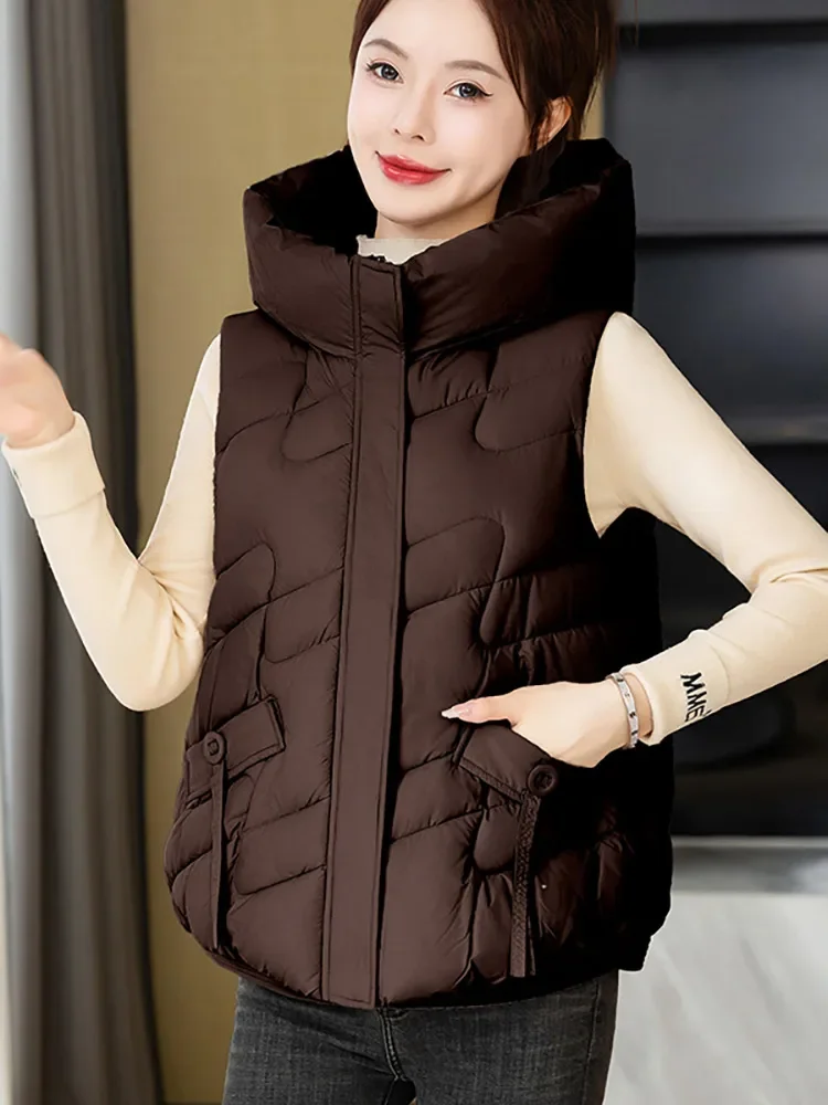 Vielleicht Nieuwe 2024 Herfst Winter Puffer Vest Vrouwen Losse Capuchon Mouwloze Korte Vest Jassen Katoen Gewatteerd Wintervest Vest