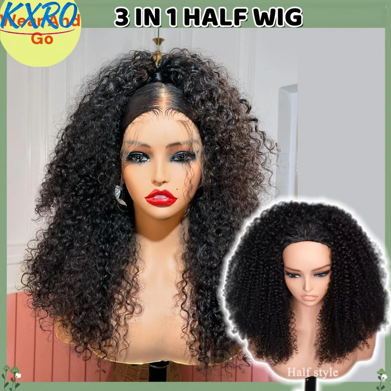 32 Inch Natural Black Curly Brazilian Remy Human Hair 3 In 1 Half Wig 200% Density  Leave Out Full Machine Made Seamless Clips Adjustable Drawstring Soft Bouncy Minimal Shedding Heat Resistant Wigs For Black Women