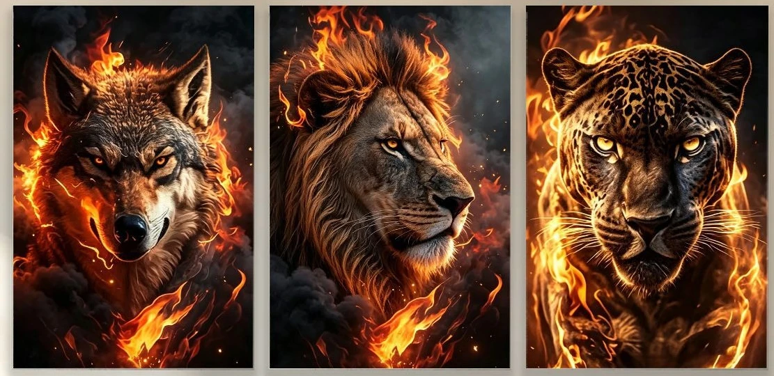 2D Flat Flame Wolf Lion Leopard Wild Animal 3pcs Set 2D Canvas Mural, True 12 Colors Art Micro Spray Paint Non-Reflective, He