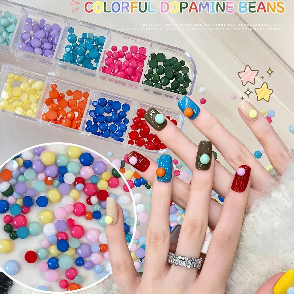 12Grids Multi-Color Dopamine Nail Art Beads Decor 3D Round Resin Candy Color Flatback Bead Nail Charms  DIY Manicure Accessories