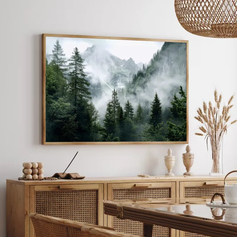 (No frame)Natural Mountain Foggy Green Forest Canvas Wall Art Painting for Bedroom Office Living Room Poster and Prints Pictu
