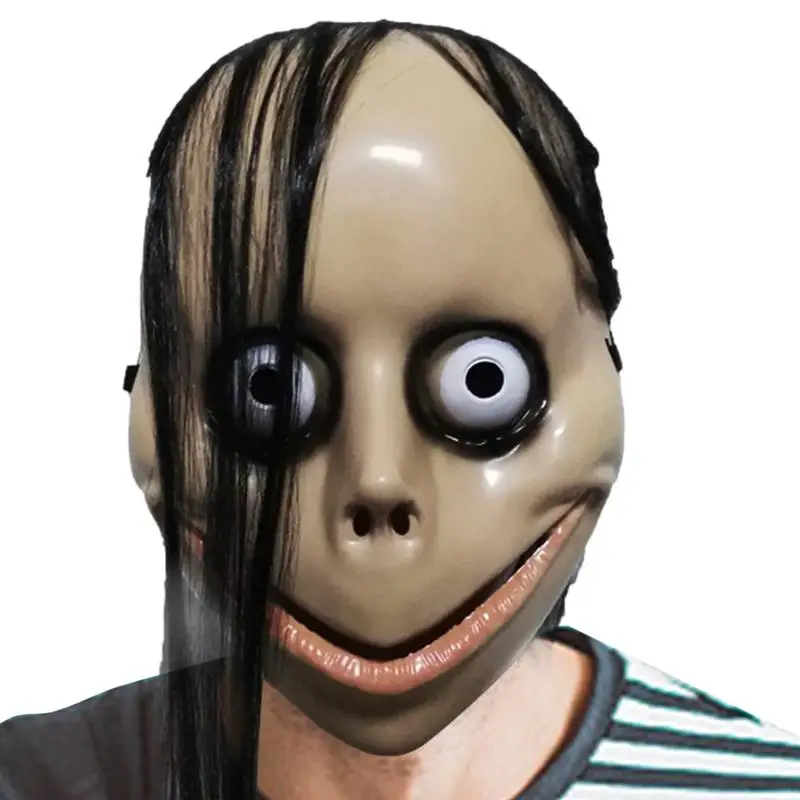 

Halloween MOMO Mask with Wig Horror Plastics Mask Scary Female Mask for Cosplay Costume Party Props Decoration Long Hair Mask