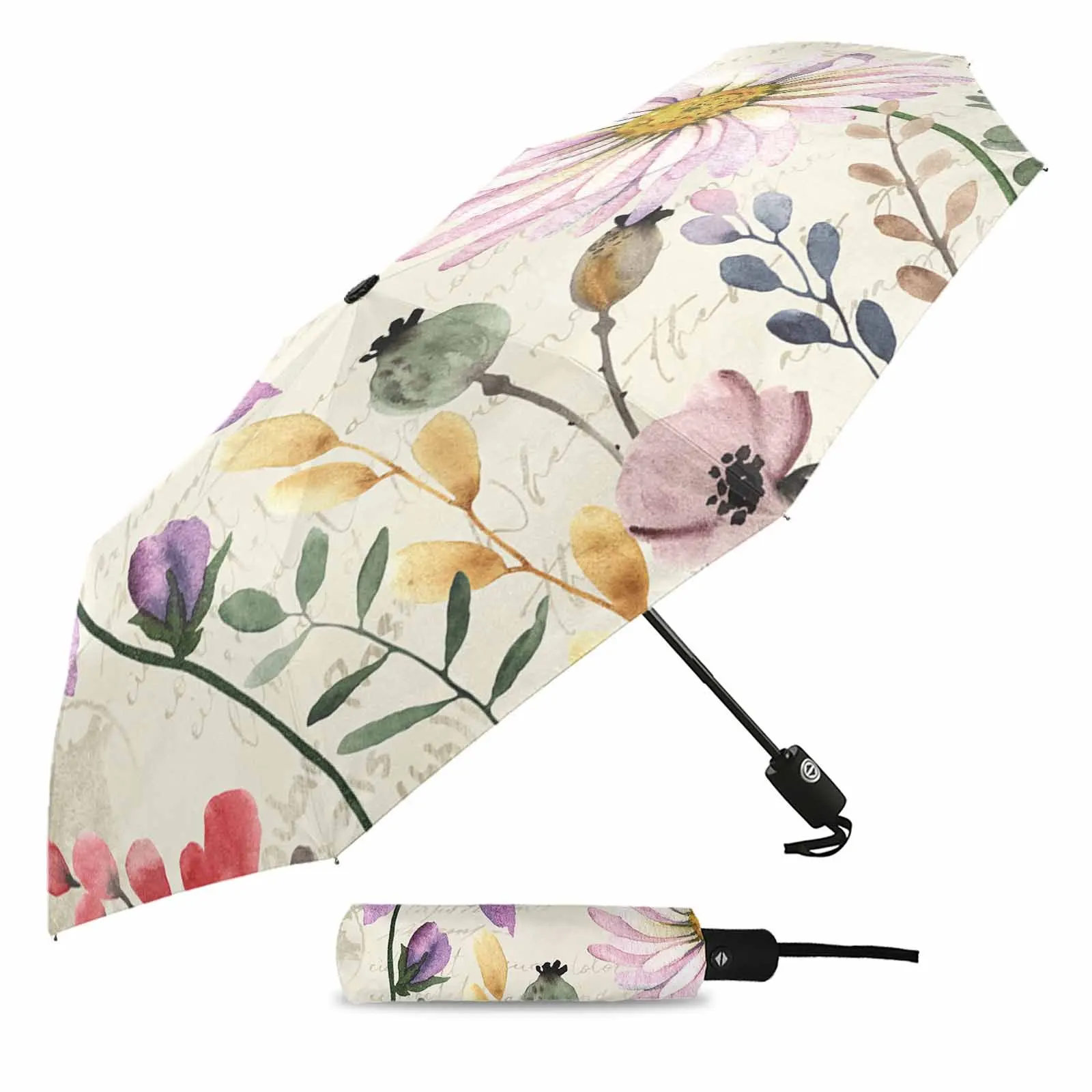 Wildflowers Flying Butterflies Flower Automatic Umbrella for Rain Foldable Parasol Umbrella Eight strand Outdoor Umbrellas