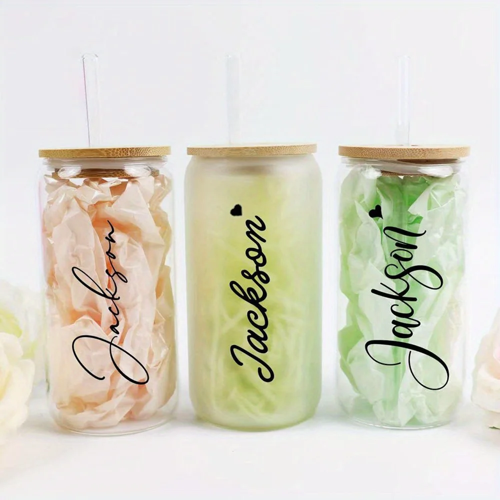 Custom Name Heart Script Glass Can Cup with Bamboo Lid,Clear & Frosted Iced Coffee Glass Tumbler Customized Birthday Gift.