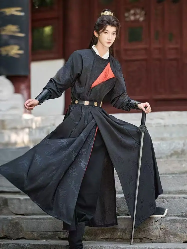 Upgraded Chinese Hanfu Dress Men Women Traditional Tang Dynasty Round Neck Robe Vintage Cool Royal Knight Cosplay Clothing Solid