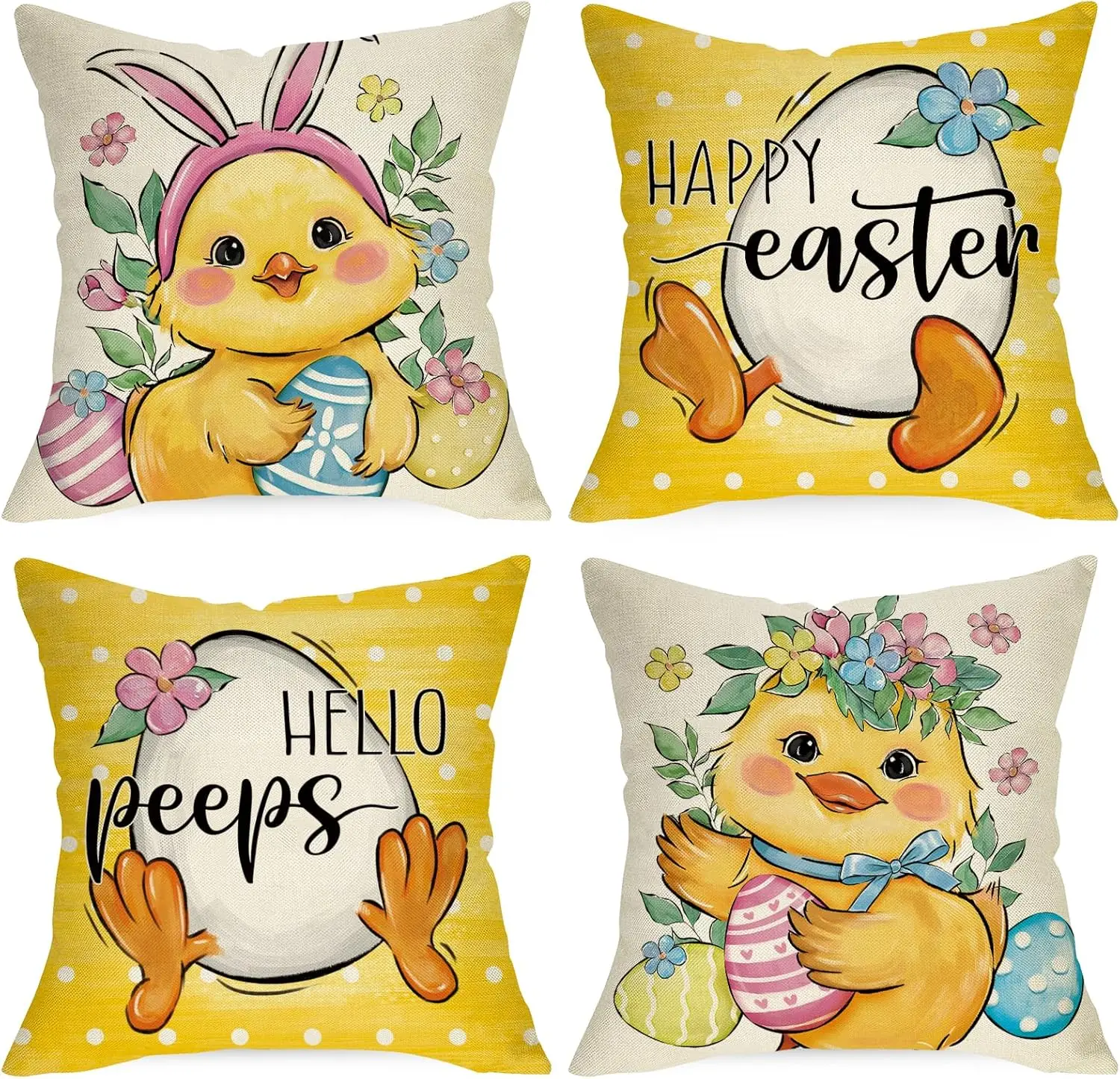 Fundas de almohada decorativas con diseño de huevos de pato y pollito feliz de Pascua, 18x18, juego de 4, cojín amarillo con Orejas de conejo y pollo de Hello Peeps