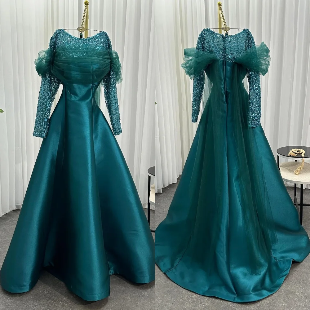 

Customized Exquisite Charmeuse Sequined Pleat A-line Scoop Neck Long Dresses Bespoke Occasion Evening Matching