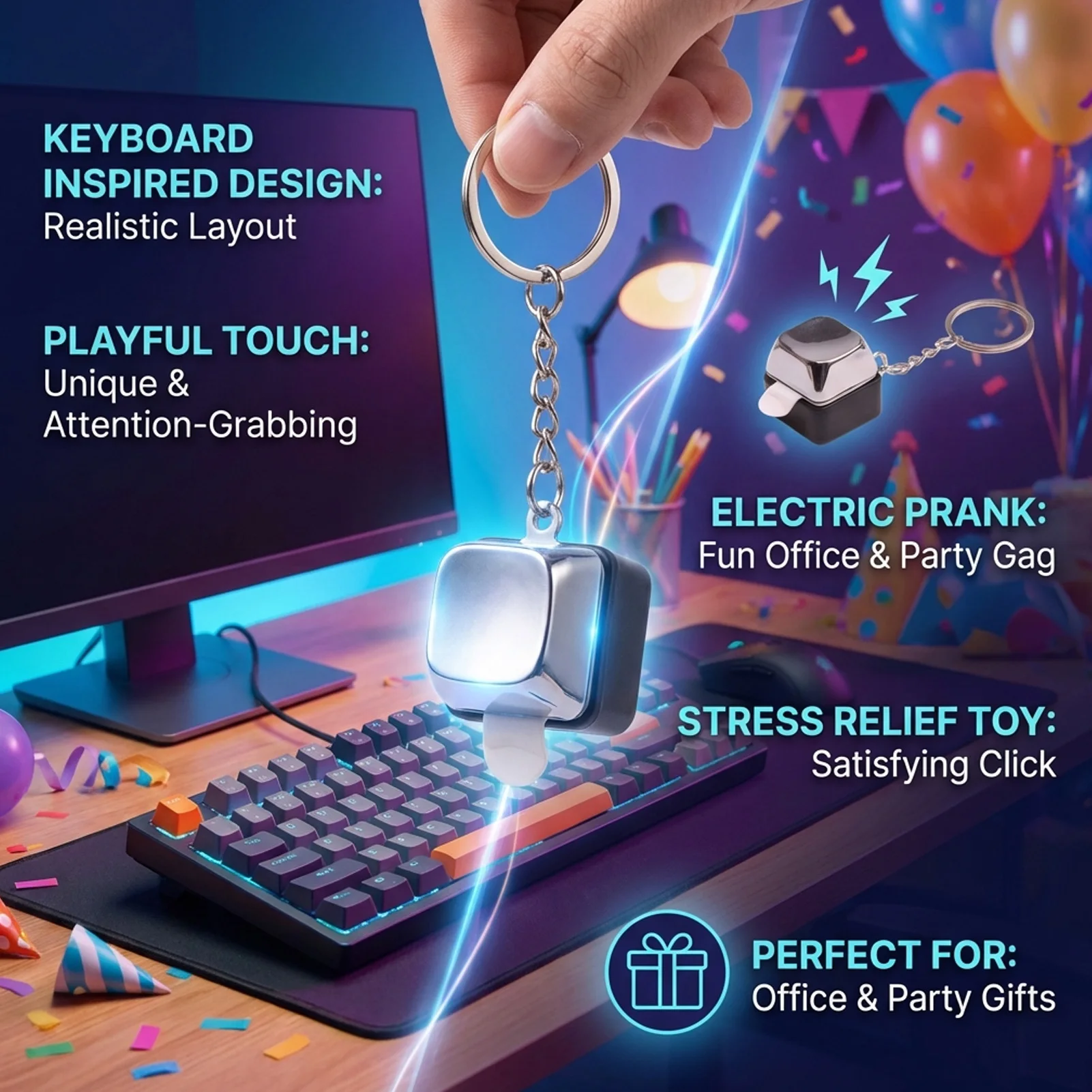 Electric Prank Keychain Keyboard Button Design Stress Relief Toy For Office Party Gifts