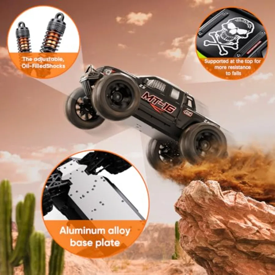 Off-road RC truggy for snow, sand mud; carbon fiber body; black; 50 MPH speed, 4WD brushless motor, 3S battery compatible