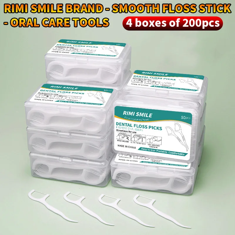 RIMI SMILE Premium Smooth Dental Floss Picks 4 Boxes 200PCS No Break Floss Sticks Teeth Cleaning Tool