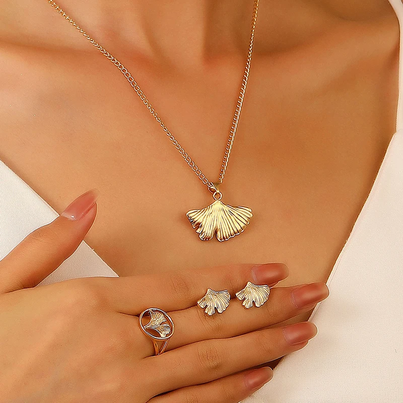 Fashion Ins Style Ginkgo Biloba Earrings Ring Necklace Set Maple Leaf For Women's Accessories