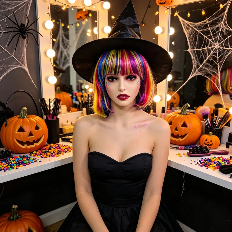 Rainbow Short/ Long Straight Synthetic Wig Bangs Hippie Pride Carnival Halloween Festival Cosplay Hair Accessories Party Costume