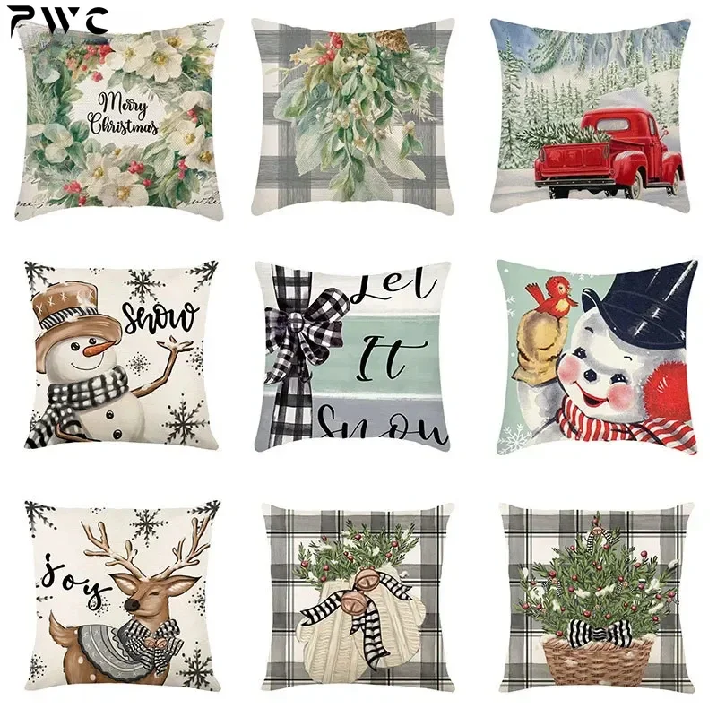 40/45cm Christmas  Cotton Linen Decorative Navidad Elk Snowman Santa Tree Cushion Cover Sofa Pillow Case