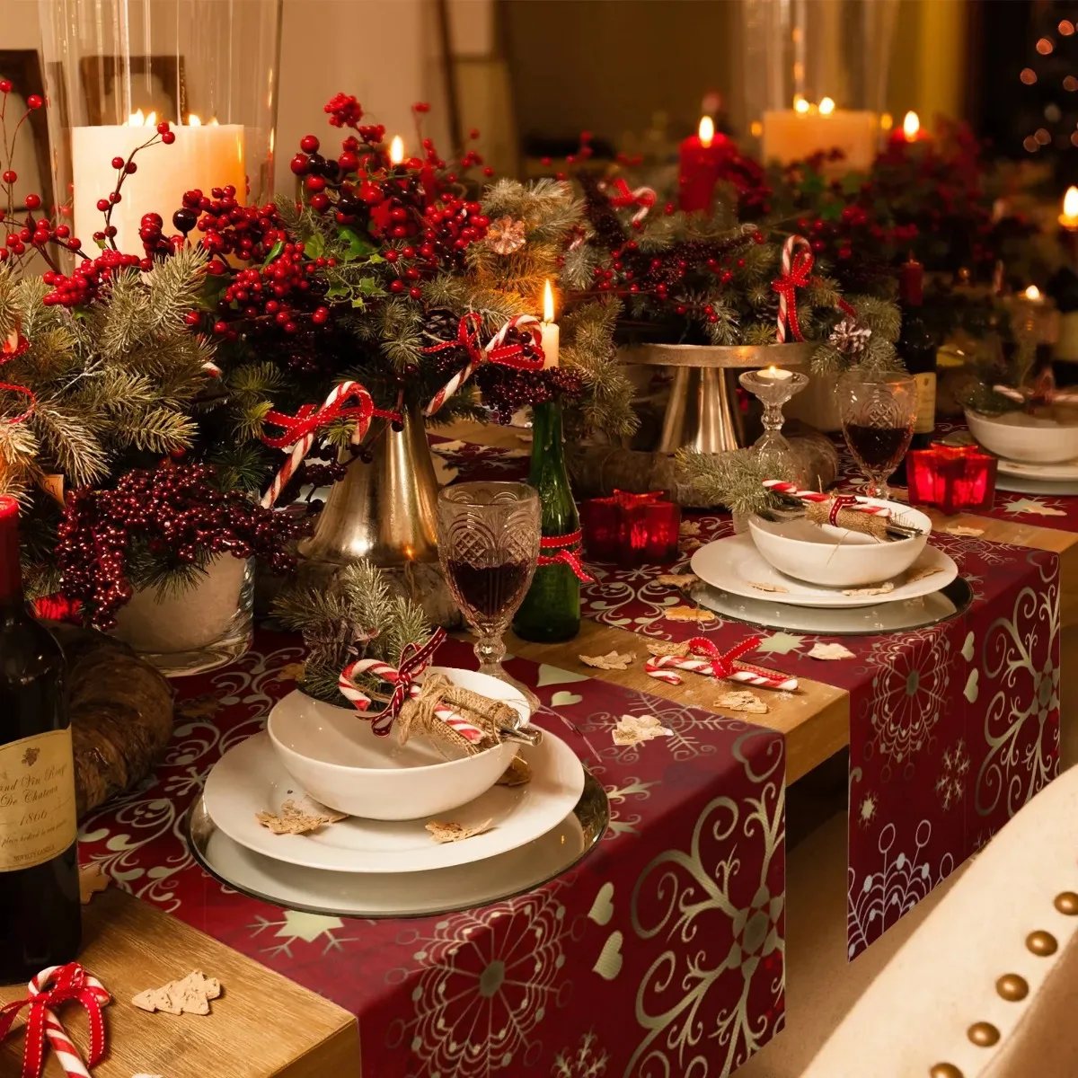 Chemin de Table en Lin de Bergame, Flocon de Neige de Noël, Décoration de Mariage, Lavable, ixde Vacances, Chemin de Table à Manger