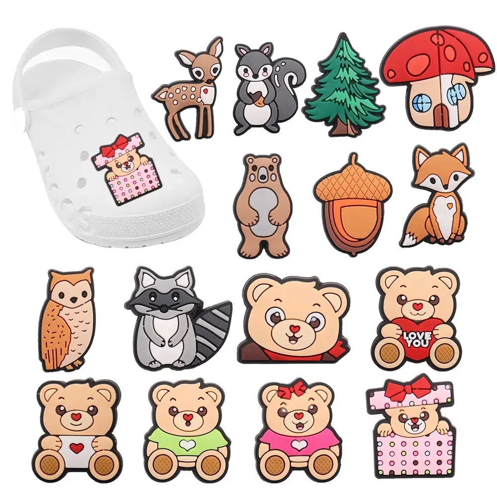 1-15PCS PVC Animal Buckle Clog Kawaii Bear Hazelnut Owl Tree Fox Mushroom Deer Love Garden Shoes Button Decorations Kid Gift