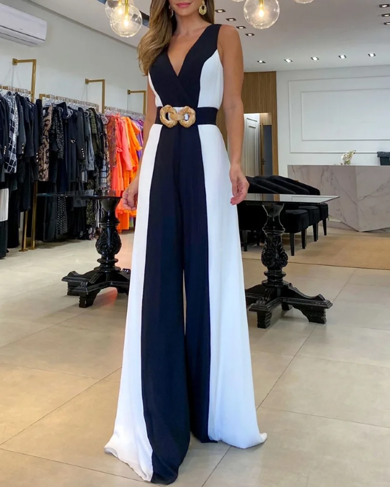 Сексуальный комбинезон Colorblo с высокой талией, длинные брюки с поясом, уличная смесь полиэстера, обычный тонкий с кетами