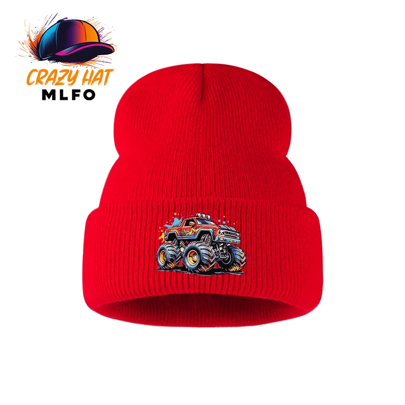 Cool Boys Outfit Knit Cold Hat 1‑3Y Monster Truck Cartoon Print Toddler Knitted Beanie Playtime Children Head Cap view 5