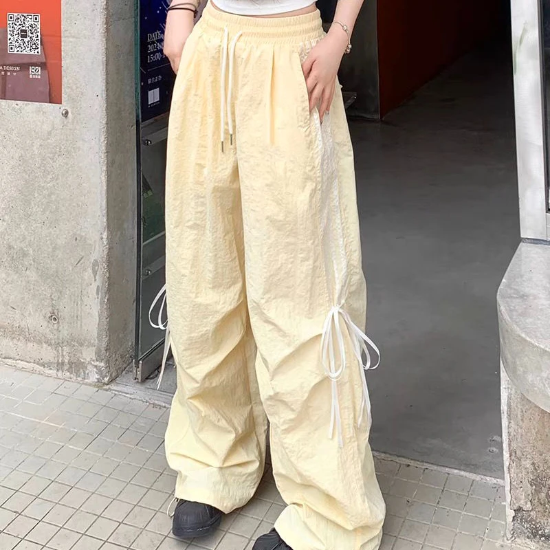 QWEEK Y2k Oversized Striped Cargo Pants Women Harajuku Casual Sweet Bow Baggy Summer Wide Leg Thin Trousers America Style Street