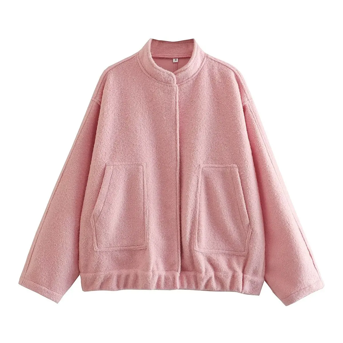 

Fashion Pink Long Sleeved Jacket Autumn and Winter Women Loose Pink Granular Velvet Stand Collar Commute Casual Jacket