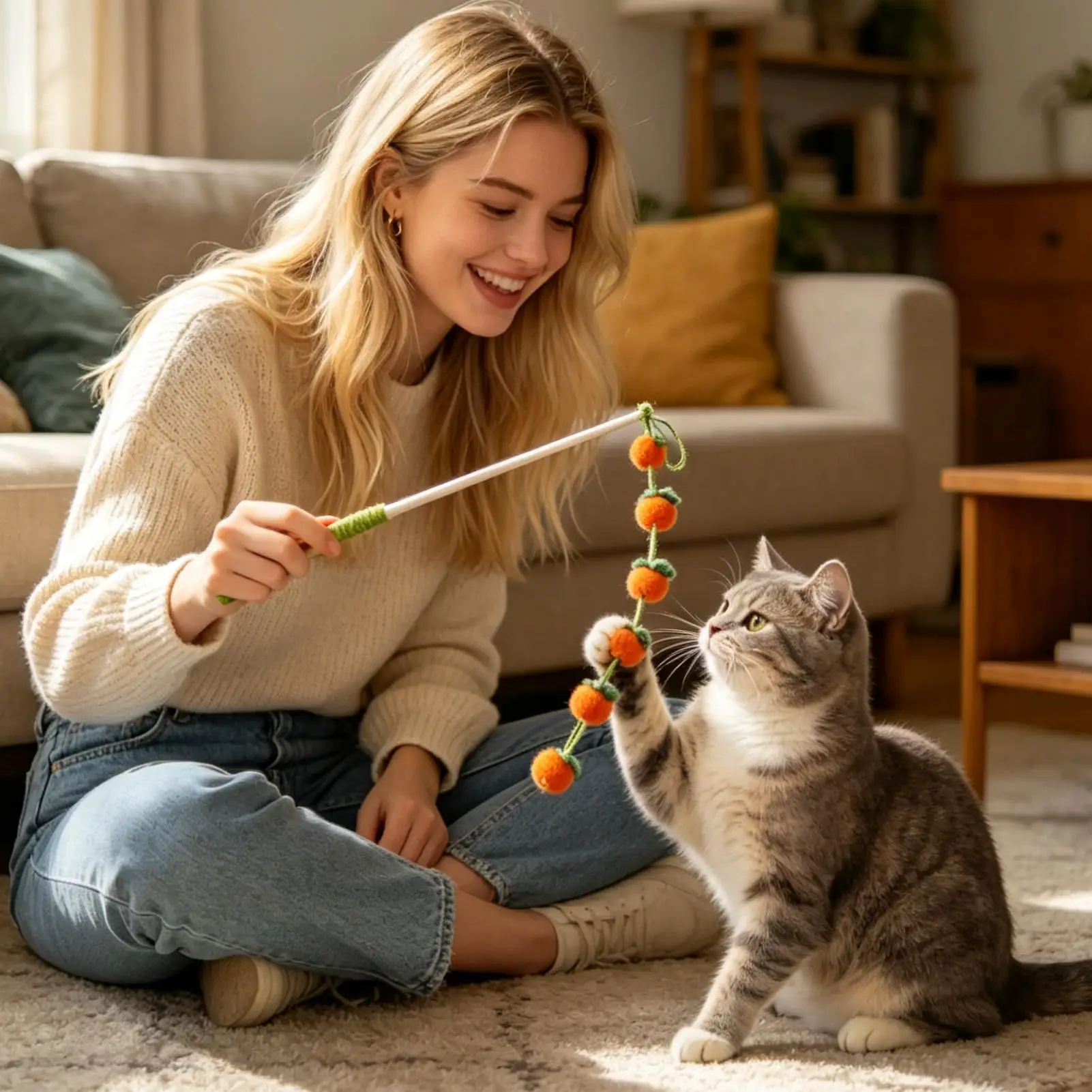Interaktives Katzenspielzeug mit langem Stiel, Katzenspielzeug zum Necken, lustiger Frucht-Katzenstab aus Satin, Spielstab, Katzenzubehör