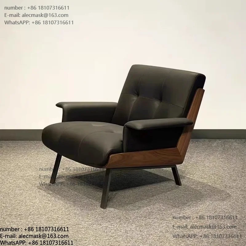

Black leather single chair simple style living room backrest solid wood armrest casual living room