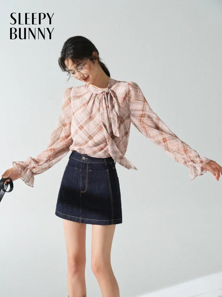 

Plaid Blouse Vintage Long Sleeve Ruffled Shirt Elegant Slim Fit Autumn Top Sweet French Style Checked Design with Puff Shoulder