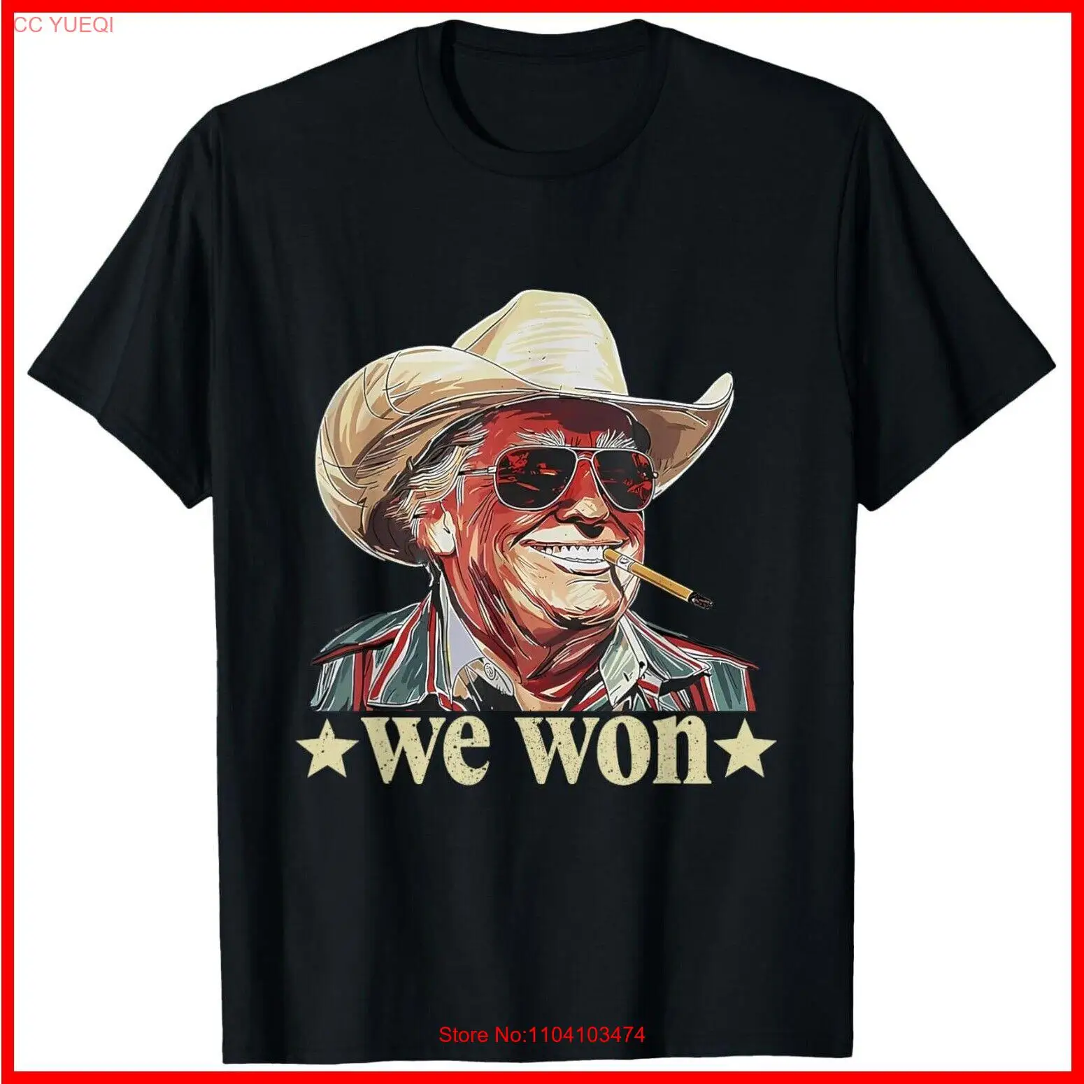 Western Trump Cowboy We Won American Flag Cowboy Hat Black Cotton T-Shirt S-5XL